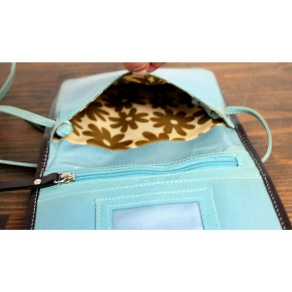 HANDMADE SMOOTH PALE BLUE BROWN TRIM REAL LEATHER X-BODY MESSENGER SHOULDER BAG - Picture 9 of 10